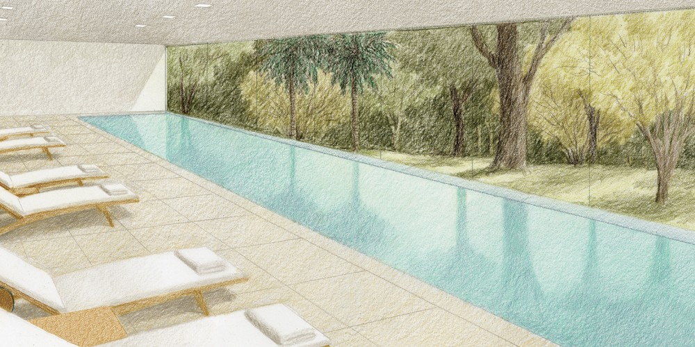 Perspectiva ilustrada da piscina coberta