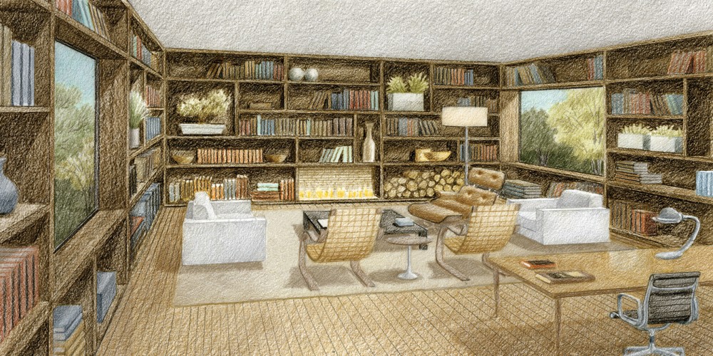 Perspectiva ilustrada da sala de leitura